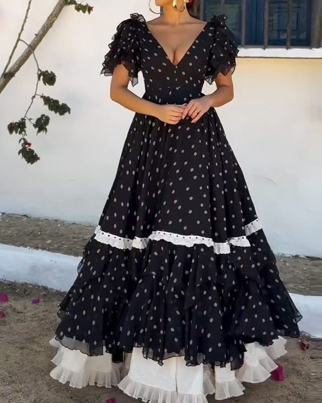 Elegant Layered Polka-Dot Print Dress