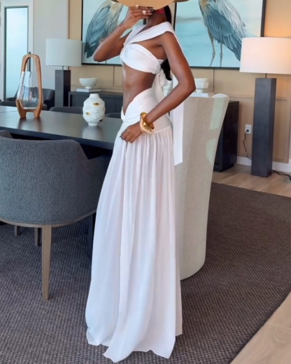 Vacation-Style Solid-Color Two-Piece Set with Slits and Tie Details