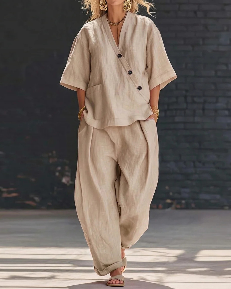 Lapel Casual Solid Color Two-Piece Set