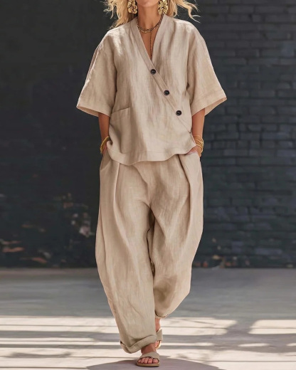 Lapel Casual Solid Color Two-Piece Set