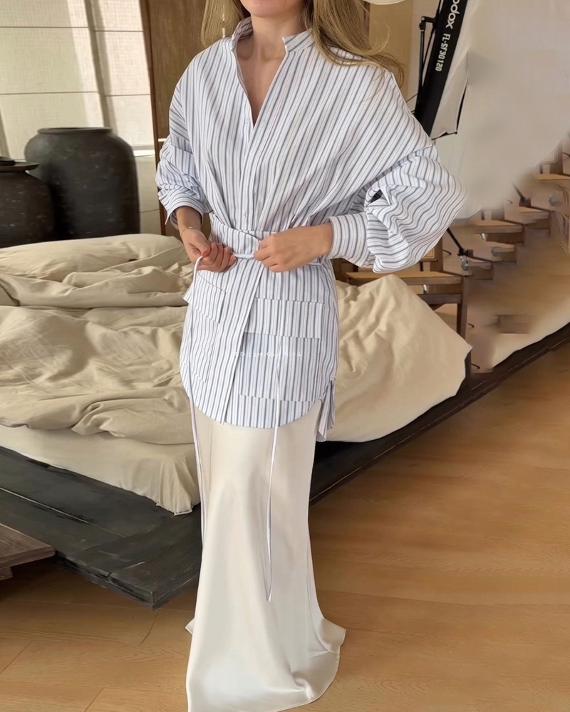 Striped Collared Shirt With Detachable Ruffled Tie