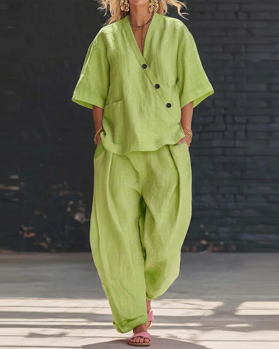 Lapel Casual Solid Color Two-Piece Set