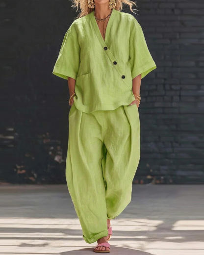 Lapel Casual Solid Color Two-Piece Set