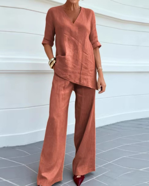 V-Neck Casual Solid Color Two-Piece Set