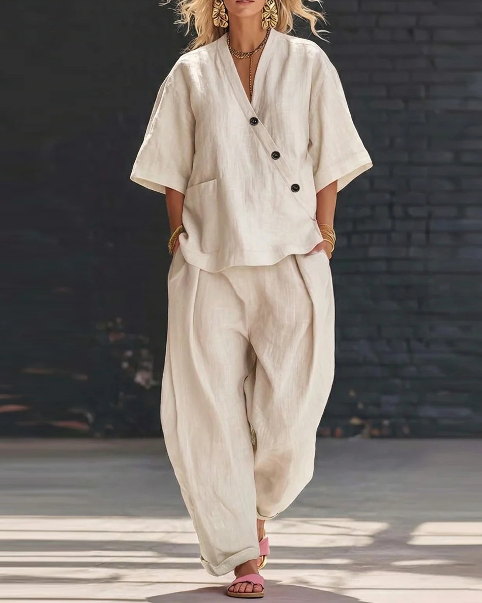 Lapel Casual Solid Color Two-Piece Set