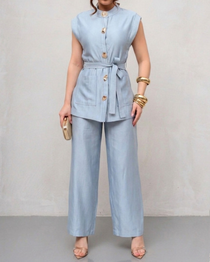 Sleeveless Solid Color Casual Two-Piece Set