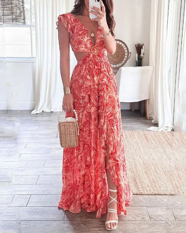 Printed Chiffon Dress with Flutter Sleeves