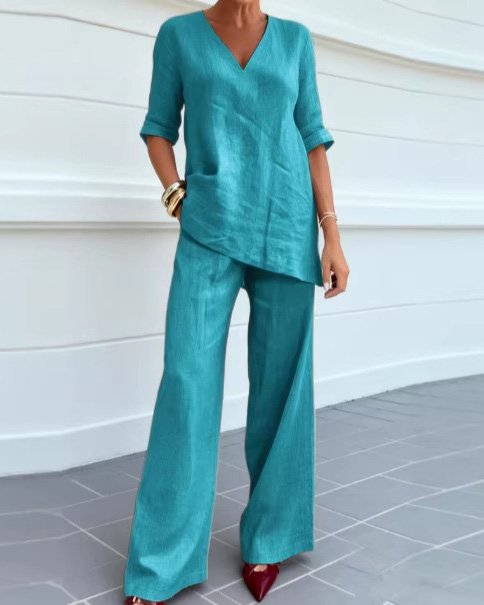 V-Neck Casual Solid Color Two-Piece Set