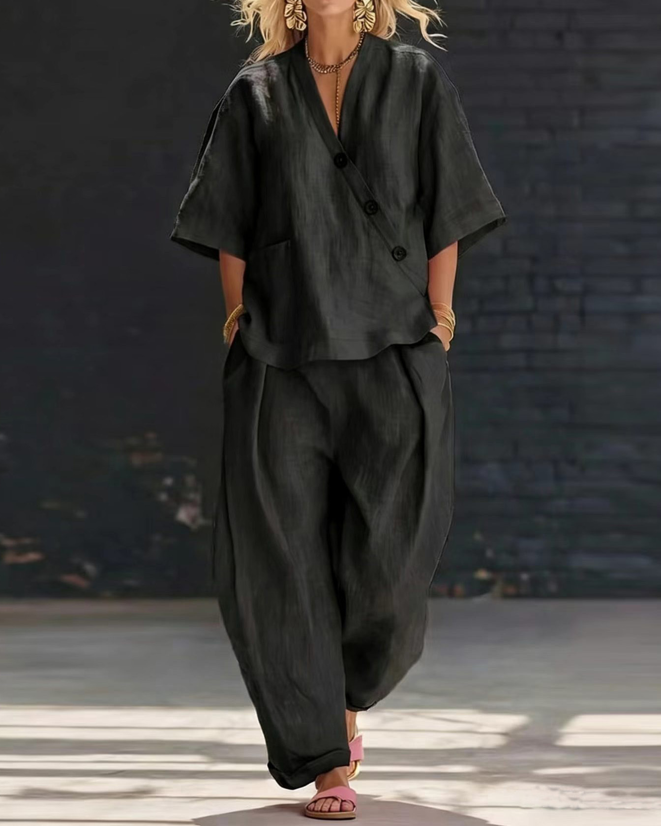 Lapel Casual Solid Color Two-Piece Set