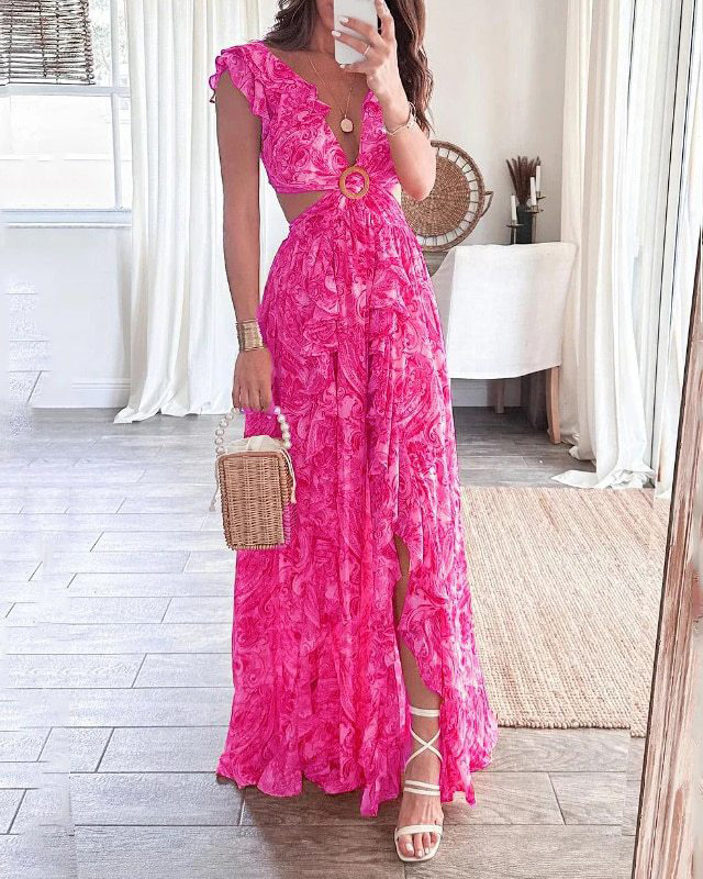 Printed Chiffon Dress with Flutter Sleeves