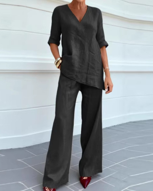 V-Neck Casual Solid Color Two-Piece Set