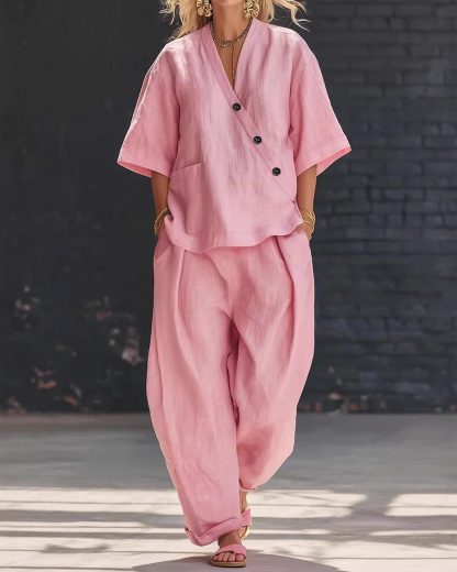 Lapel Casual Solid Color Two-Piece Set