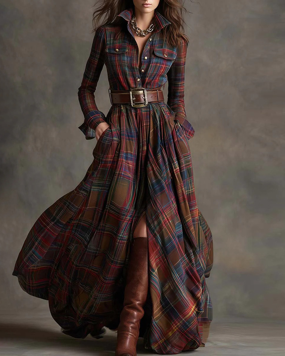 Collared, Long-Sleeve, Multicolor Plaid Print Dress