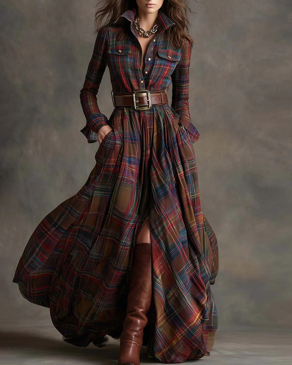 Collared, Long-Sleeve, Multicolor Plaid Print Dress