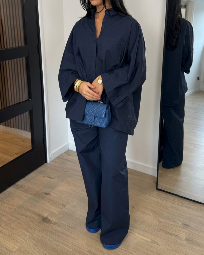 Lapel Casual Solid Color Two-Piece Set