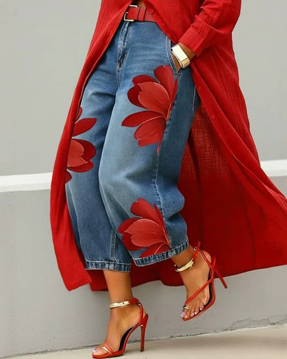 Loose-Fit Printed Denim Trousers