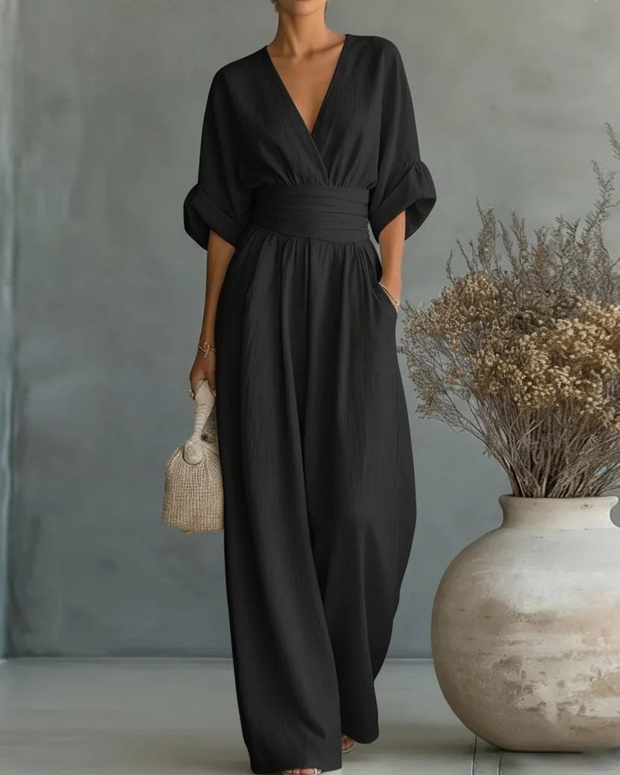 Solid-Color V-Neck Waist-Cinching Jumpsuit