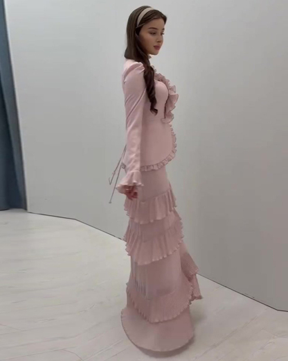 Slimming Two-Piece Set: Long-Sleeve Top with Ruffle Accents and Cinched Waist