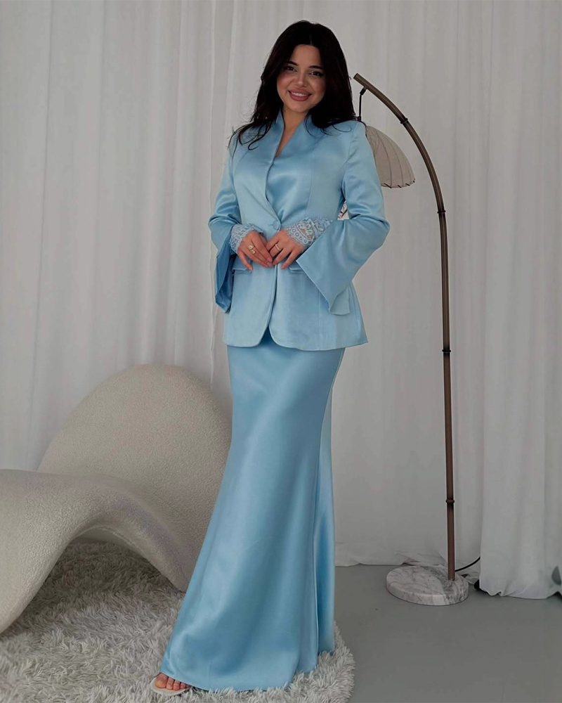 Elegant Two-Piece Set: Slim-Fit Solid-Color Blazer and Satin Maxi Skirt