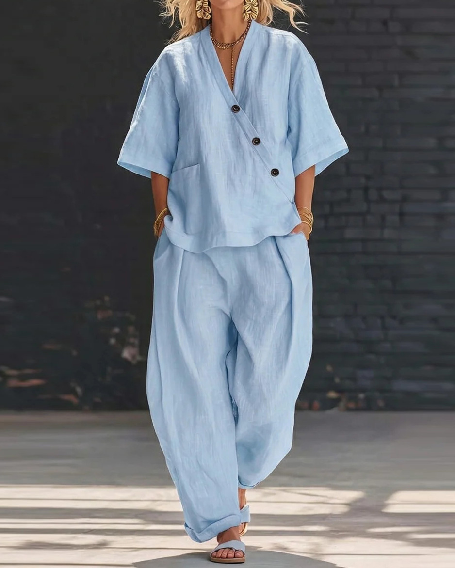 Lapel Casual Solid Color Two-Piece Set