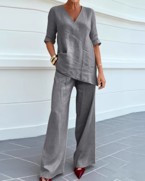 V-Neck Casual Solid Color Two-Piece Set