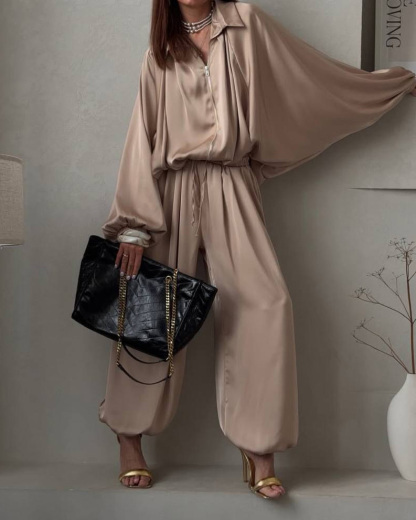 Lapel Casual Solid Color Loose Two-Piece Set