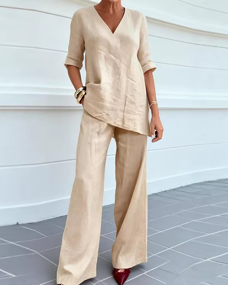 V-Neck Casual Solid Color Two-Piece Set
