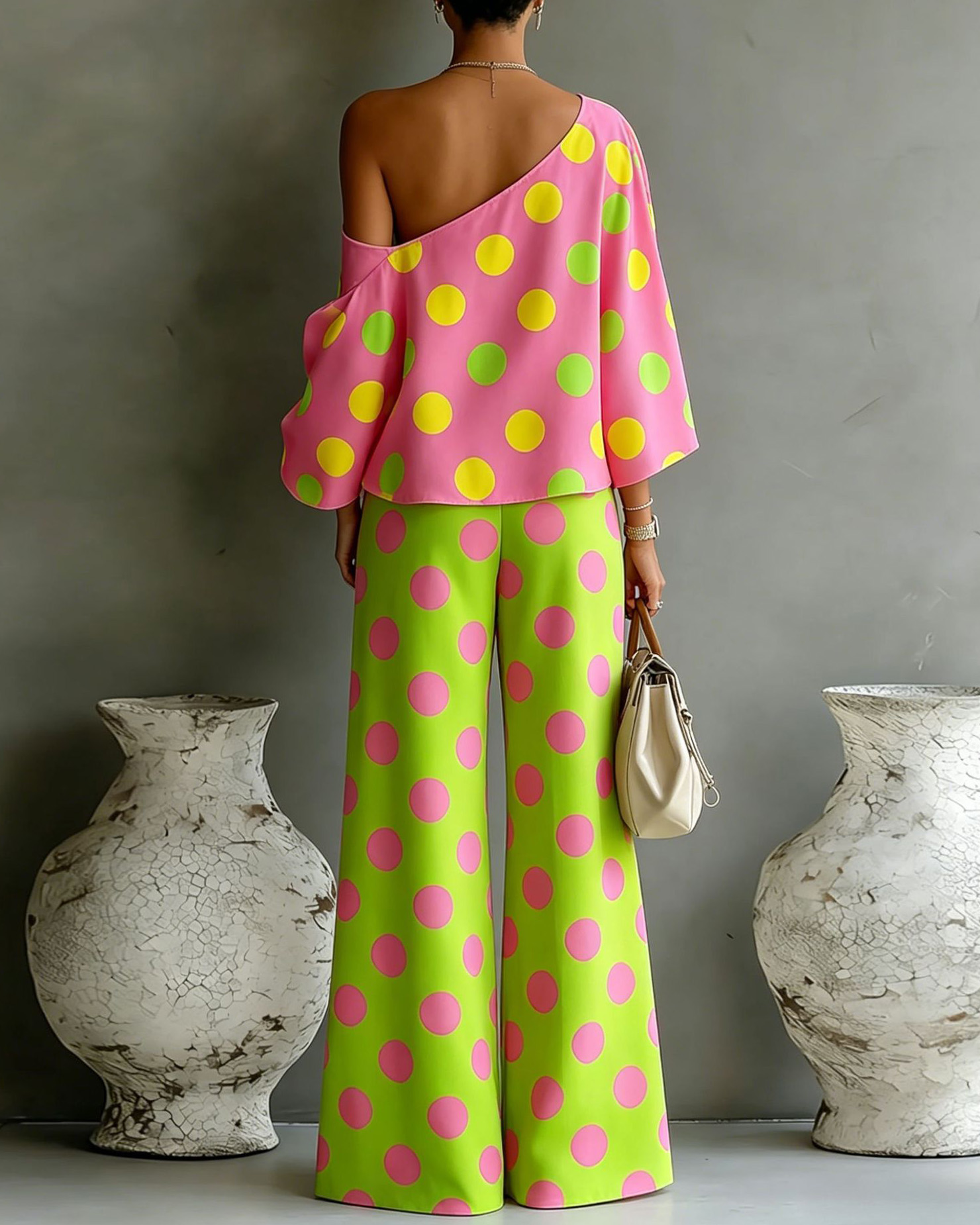 One-Shoulder Polka Dot Print Loose Two-Piece Set