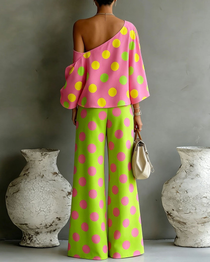 One-Shoulder Polka Dot Print Loose Two-Piece Set