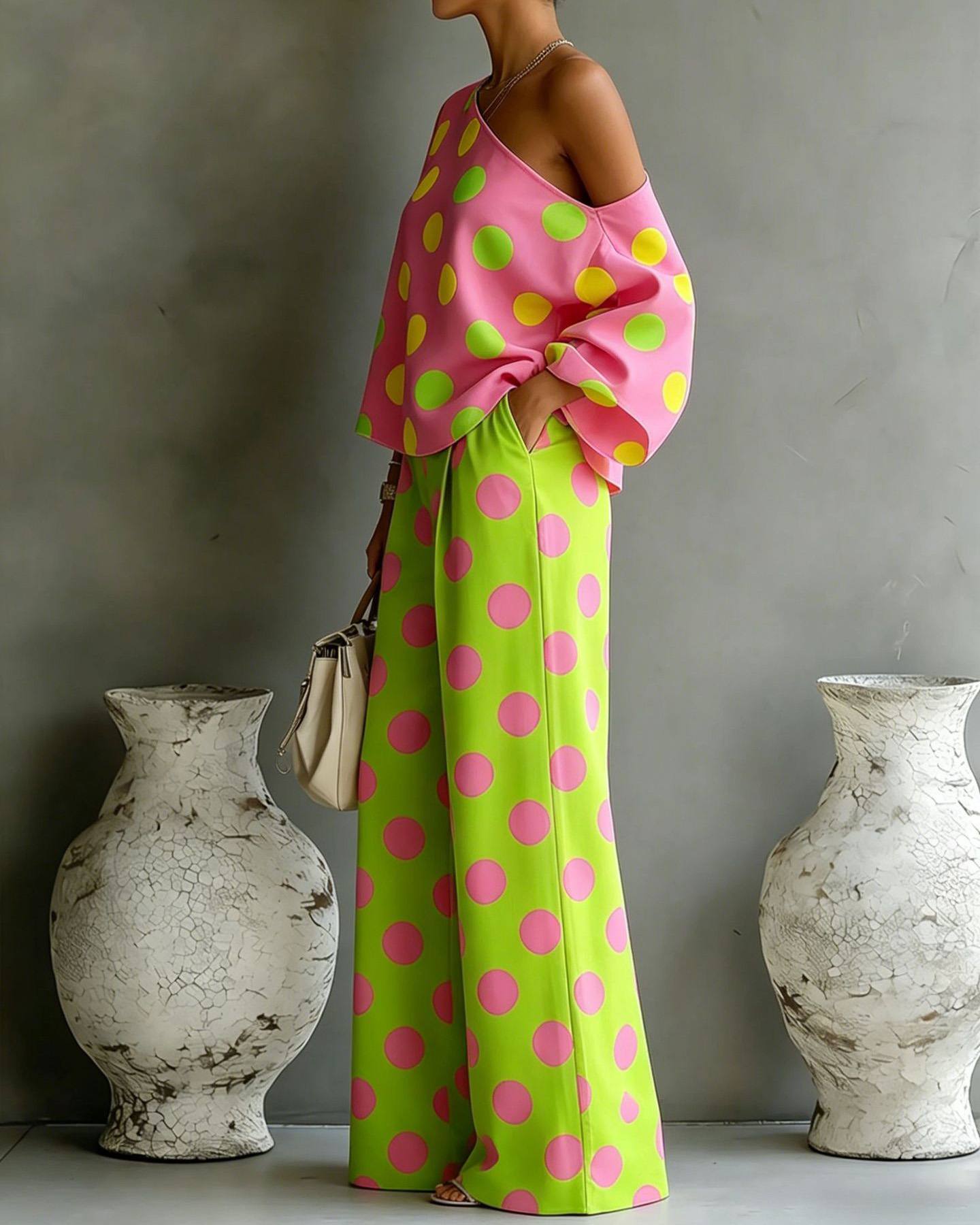 One-Shoulder Polka Dot Print Loose Two-Piece Set
