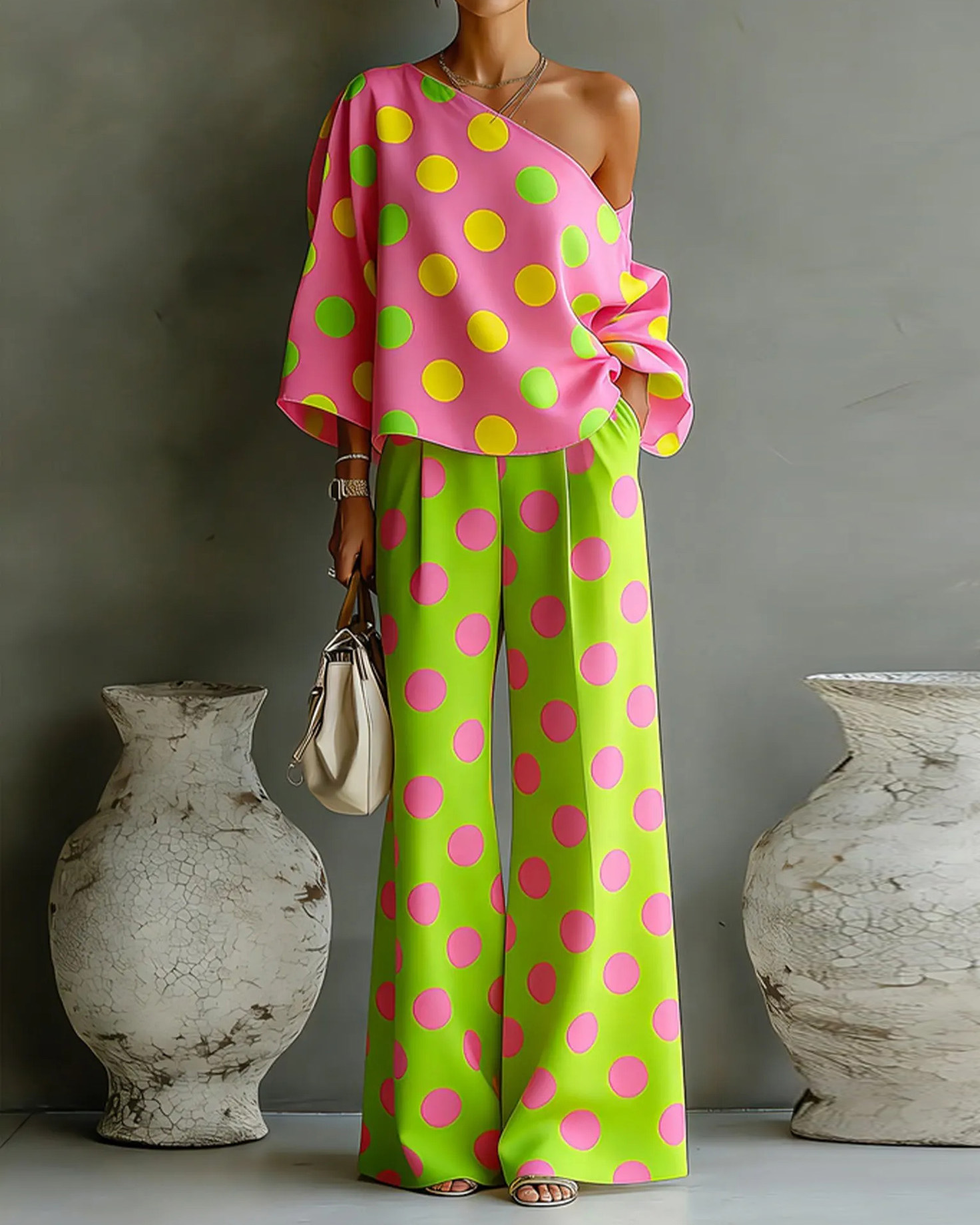 One-Shoulder Polka Dot Print Loose Two-Piece Set