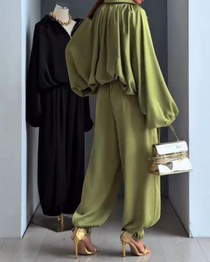 Lapel Casual Solid Color Loose Two-Piece Set