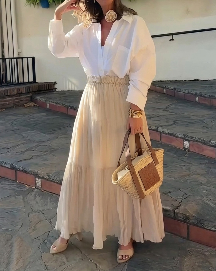 Lapel Casual Shirt & Skirt Two-Piece Set