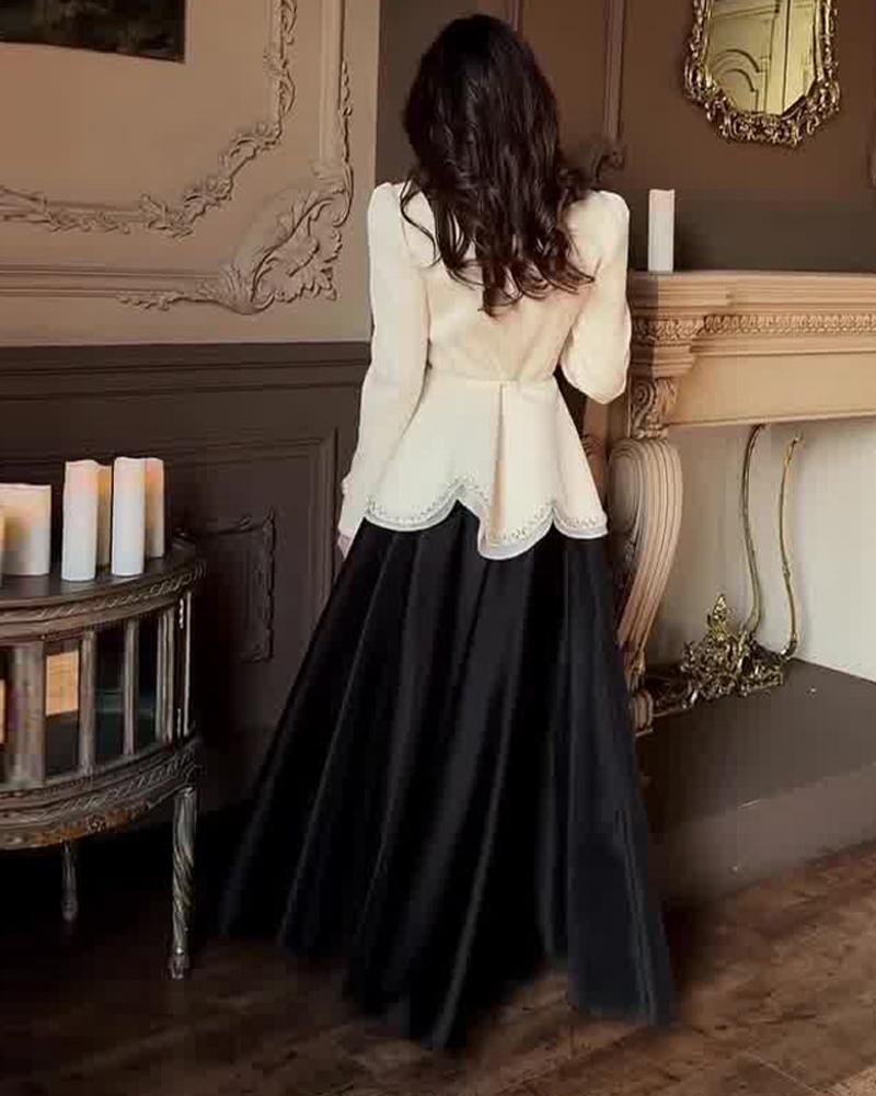 Elegant Two-Piece Maxi Dress Set with Ruffles and Rhinestone Embellishments