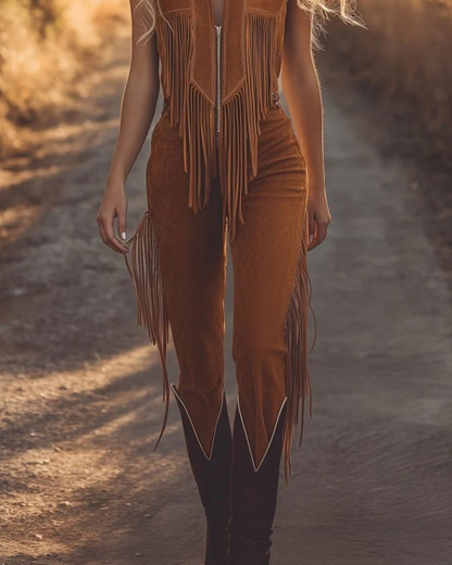 Vintage Western Fringe Brown Suede Vest Jumpsuit