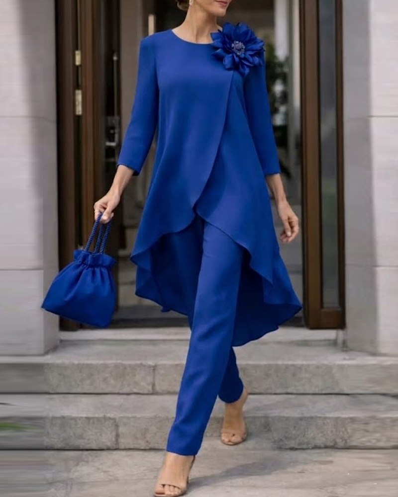 Royal Blue Formal Coord Set with Flower Brooch Detail