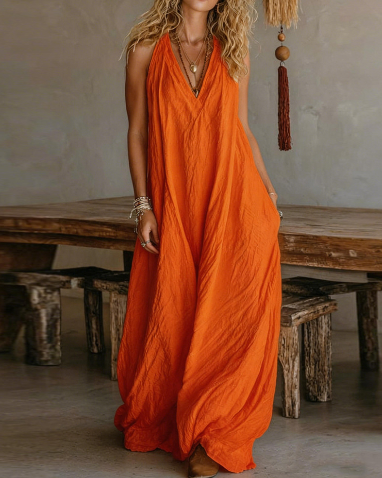 Casual Sleeveless Loose-Fitting Long Dress With Pockets