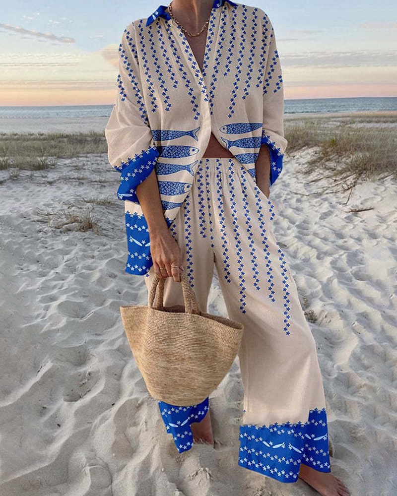 Collared Print Vacation Casual Two-Piece Set