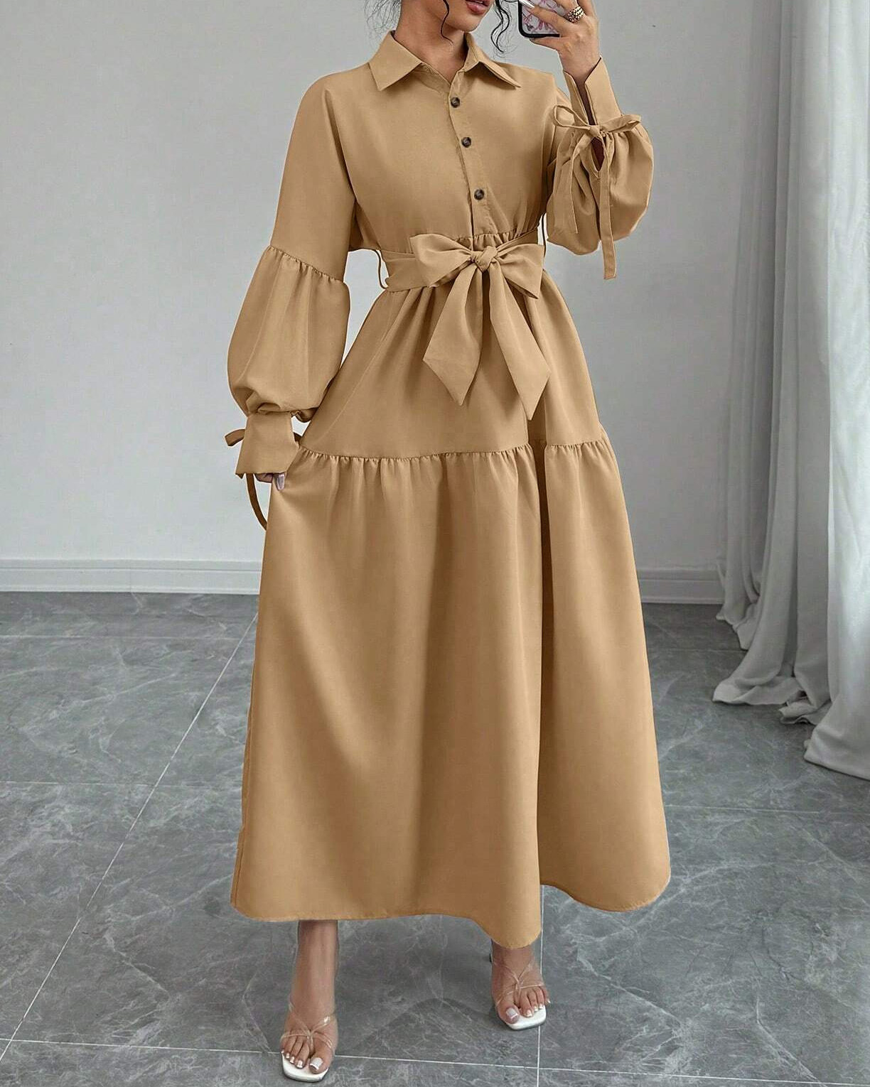 Solid-Color Collared Wrap Dress