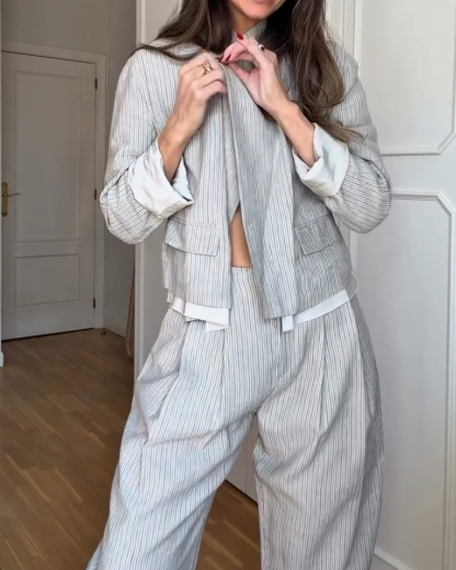 Commuter-Style Striped Casual Two-Piece Set