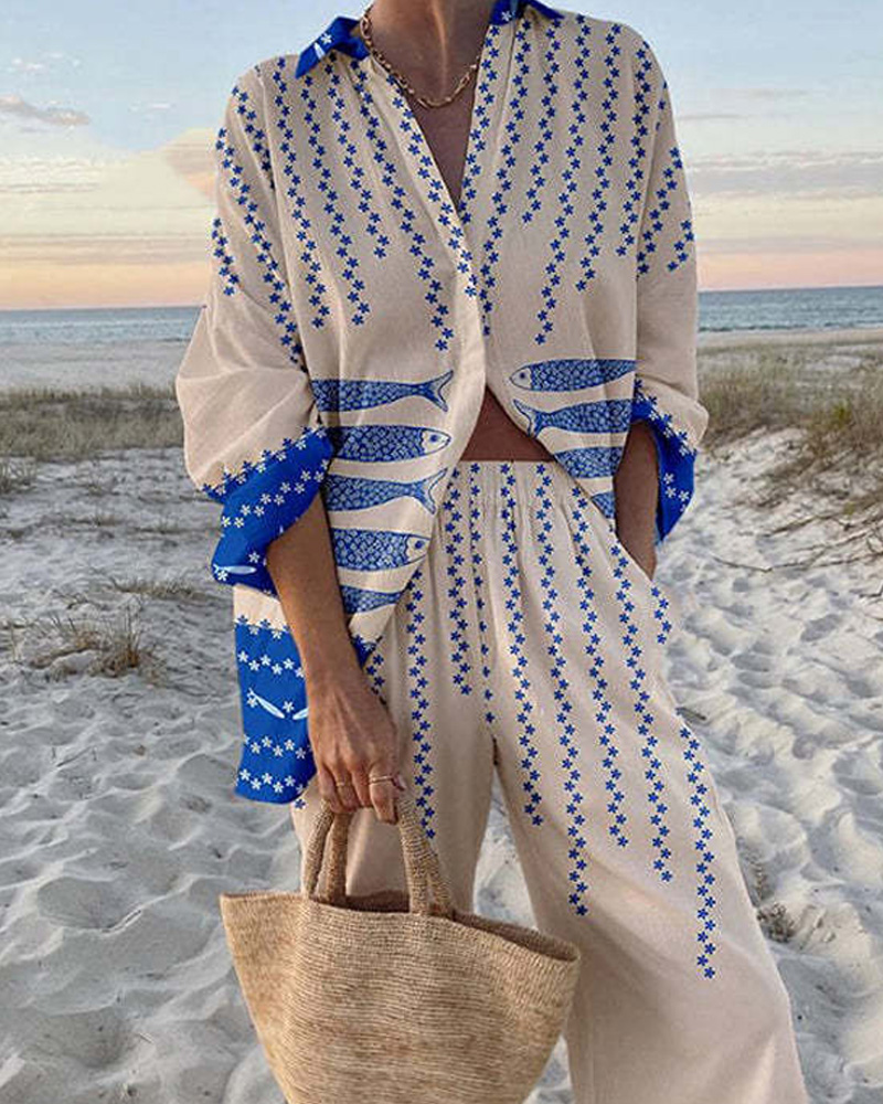 Collared Print Vacation Casual Two-Piece Set