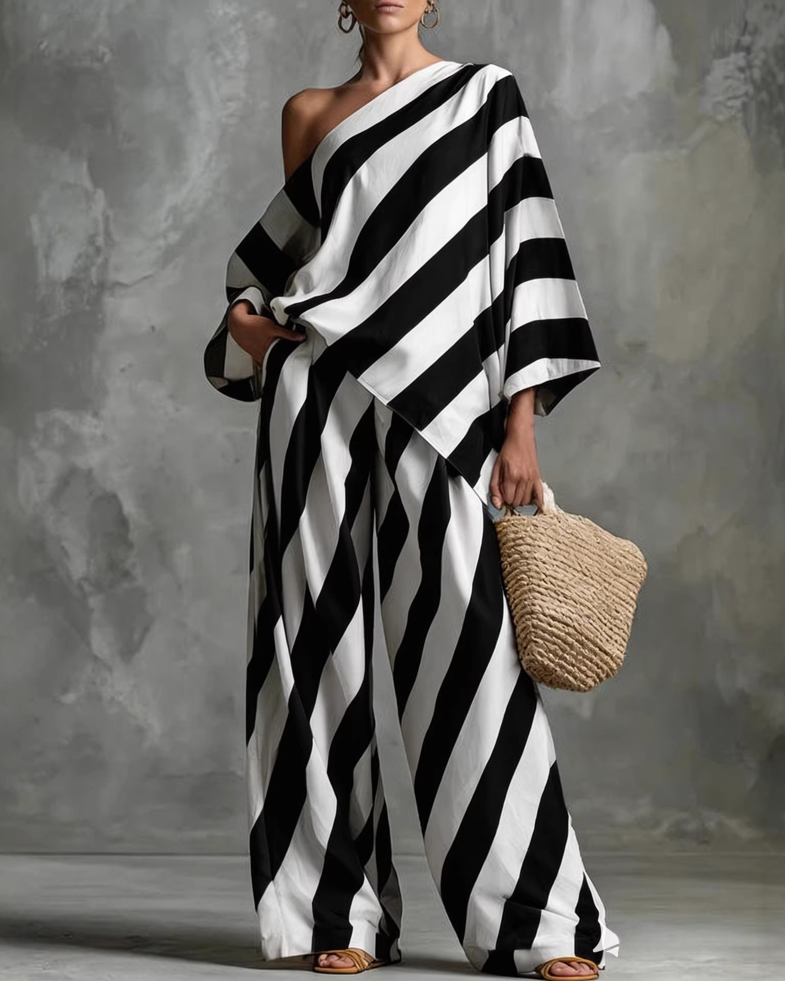 One-Shoulder Striped Loose Printed Two-Piece Set