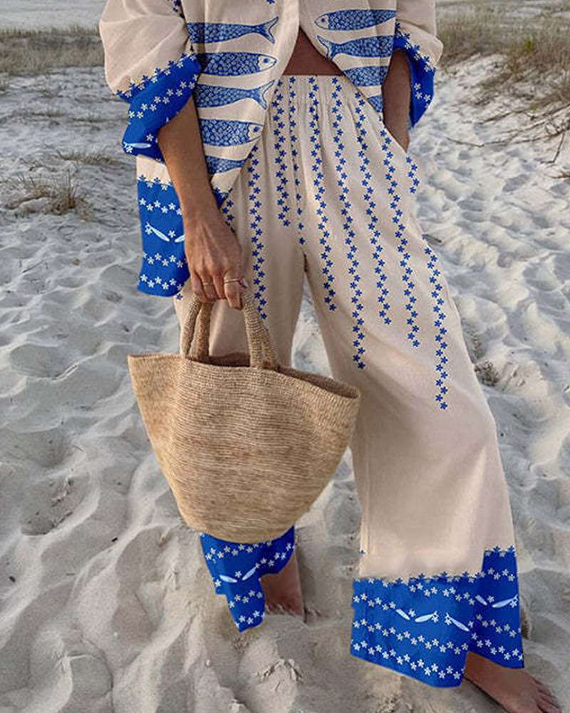 Collared Print Vacation Casual Two-Piece Set