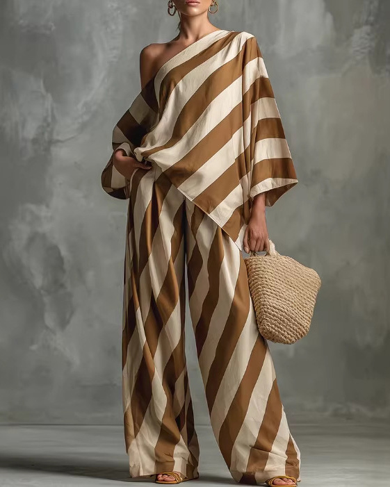One-Shoulder Striped Loose Printed Two-Piece Set