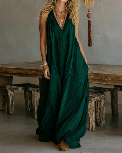 Casual Sleeveless Loose-Fitting Long Dress With Pockets