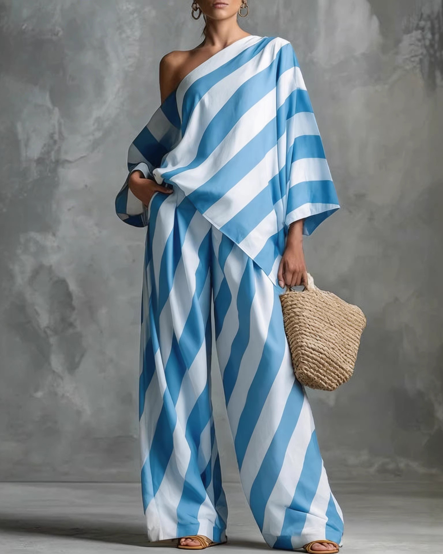 One-Shoulder Striped Loose Printed Two-Piece Set