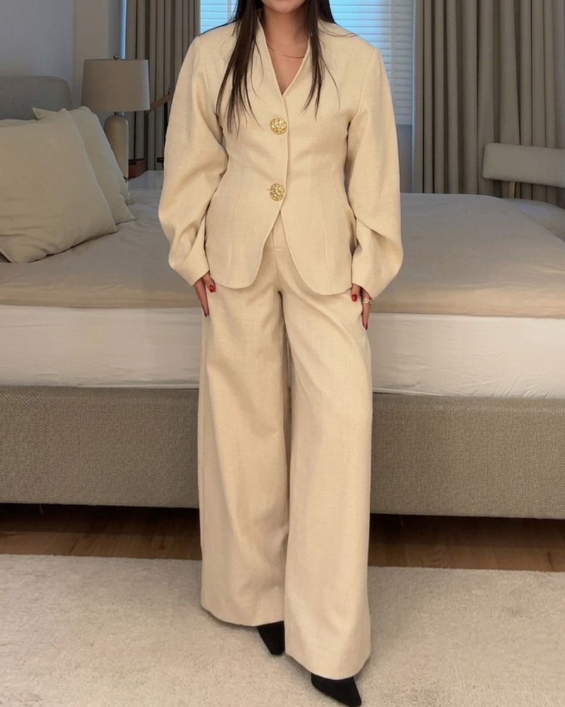 Long-Sleeved V-Neck Solid Color Two-Piece Set