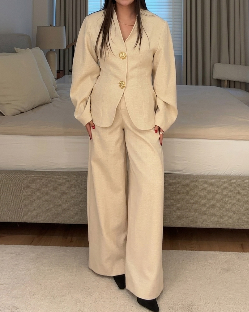 Long-Sleeved V-Neck Solid Color Two-Piece Set