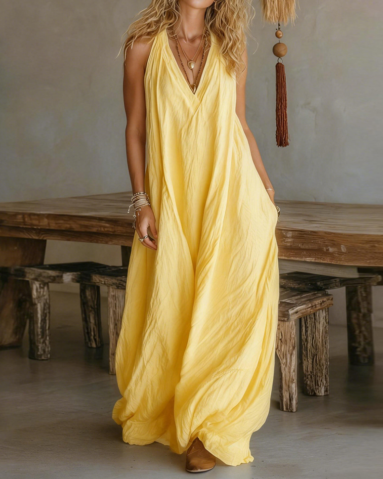 Casual Sleeveless Loose-Fitting Long Dress With Pockets