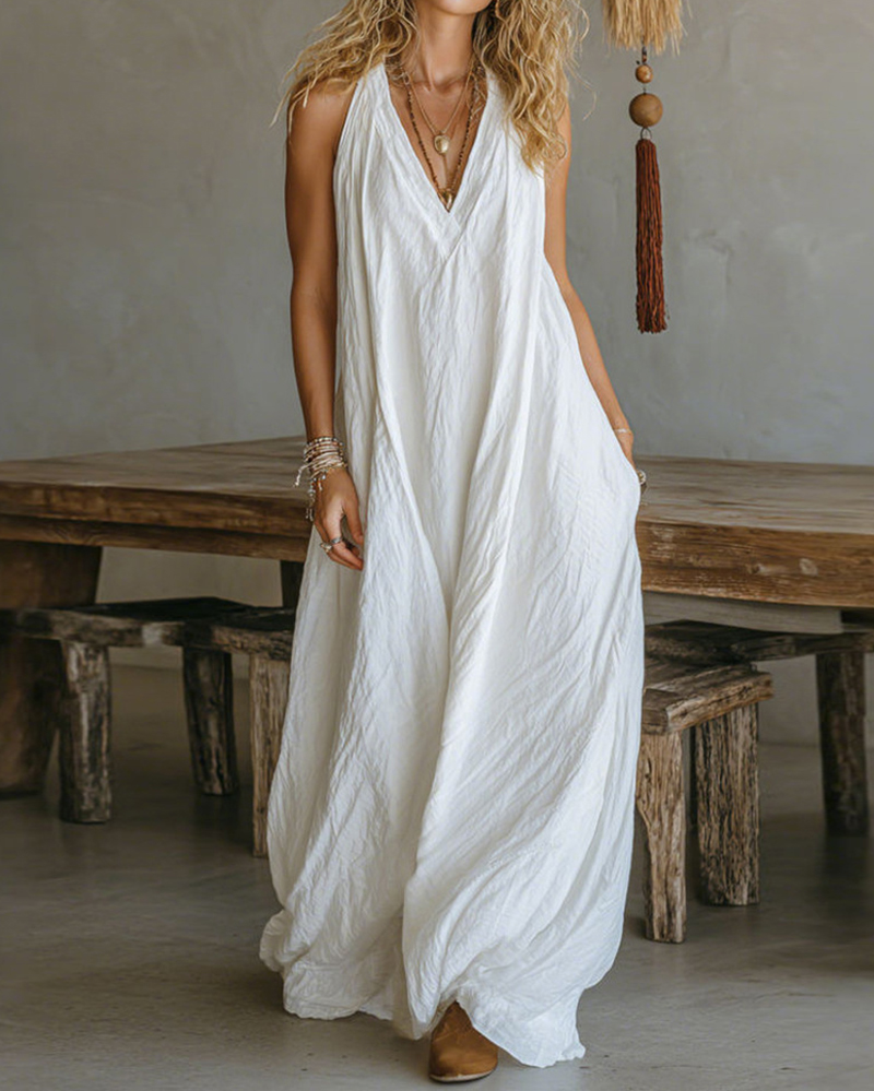 Casual Sleeveless Loose-Fitting Long Dress With Pockets